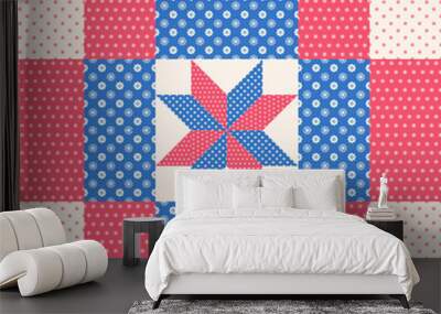 Patchwork pattern in red and blue Wall mural