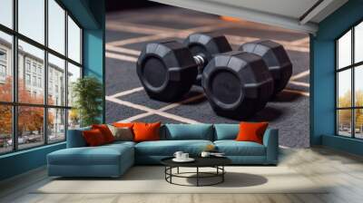 two small black dumbbells lie on the gym floor. Generative AI Wall mural