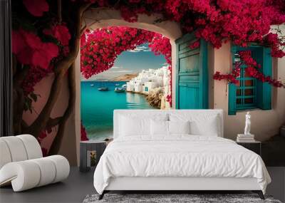 Vibrant pink bougainvillea and blue door in Mykonos island Wall mural