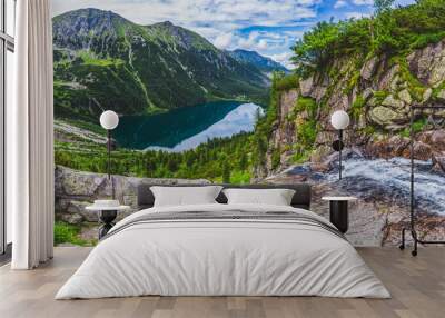 Panorama viem on Morskie Oko from the to the Czarny Staw, Tatra, Poland Wall mural