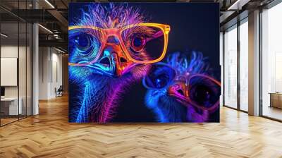 neon light emu bird in sunglass shade glasses isolated on black with copy space Wall mural