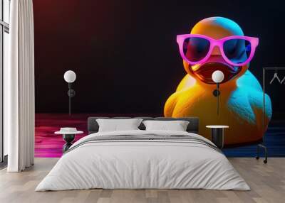 neon light Rubber ducky with sunglasses on the black background with copy space Wall mural