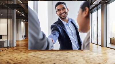 Meeting, smile and handshake with business people in office, b2b deal or agreement for startup opportunity. Hand shake, partnership and welcome, happy businessman shaking hands for onboarding support Wall mural