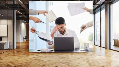 This is too much for me. a young businessman looking stressed at work. Wall mural