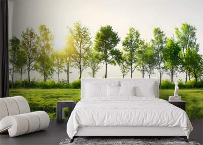 Cut-out tree line. Row of green trees and bushes in summer isolated on white background. Wall mural