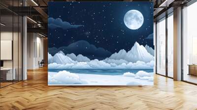 Landscape with high rocks, blue sky with moon. Rocky mountain peaks in the clouds. Wall mural