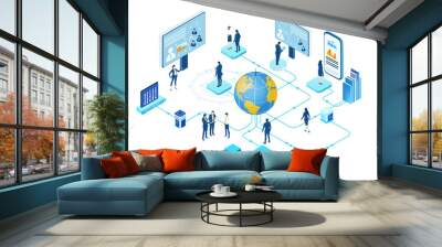  Isometric Internet datacenter, server room, web administrator hosting concept  with business people working around globe. Technology, success, internet, data protection  Wall mural