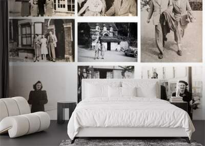 1940-1950s. English people travelling and enjoying the life. 1950s Fashion. London.  Set of vintage photos. Wall mural