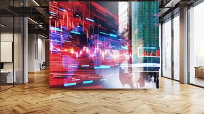 Abstract business background with city buildings, neon growth charts  and graphs, representing stock  market prices, economy and finance services.    Wall mural