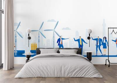 Alternative energy concept illustration, wind turbine generators. Business team talking and making decisions next to wing turbines. Wall mural