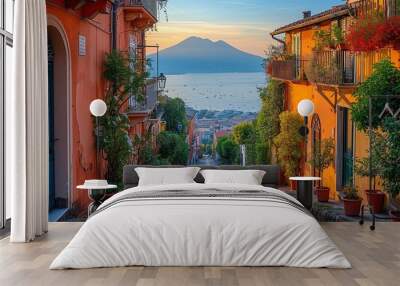 Amalfi coast look-like landscape, Italian town on the sea, terraced houses decorated with flowers. Mediterranean travel concept Wall mural