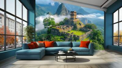 Ancient city in Peru, archeological site in the middle of  tropical mountain forest, beautiful panorama with mountains and clouds Wall mural