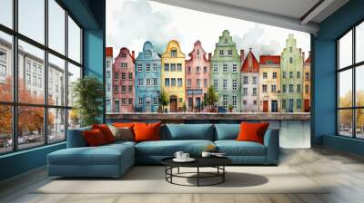 Beautiful European periodic town houses on canal look-like Amsterdam. Front view watercolour illustration Wall mural