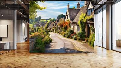 Beautiful idyllic old English village street with cottages made of stone and front garden with flowers Wall mural