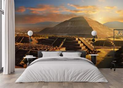 Beautiful Mayan pyramid complex at sunset with dramatic sky Wall mural