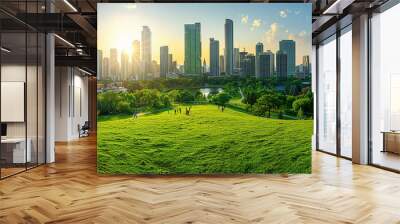 Beautiful modern city with skyscrapers of financial district surrounded by park with lots of trees and fields. Eco living city, environmental friendly Wall mural