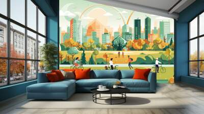 Beautiful modern eco friendly green city panoramic view with skyscrapers and parks. Idilic place to live, city of the future concept illustration Wall mural