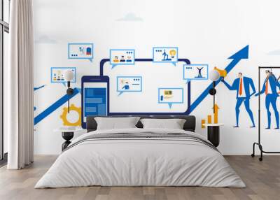 Business people, strategy team working with index, reading information from the screen, analysing and making corrections.  Wall mural