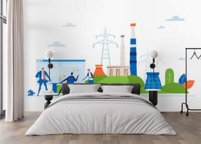 Business people calculating the cost of energy and developing program. High-voltage power line and electricity power station in an industrial area. Energy supply, energy crisis.  Wall mural