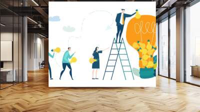 Business people holding light bulbs as symbol of bringing the bride idea and build business together. Collection of business people in action. Wall mural