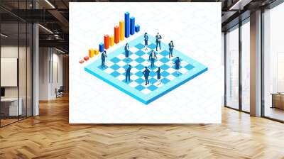 Business people playing chess game. Isometric environment design with lots of business people solving problems, finding solutions and helping each other. Global business, work as a team Wall mural