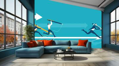 Business people running and drawing strait line with pen. Winning and finding right solution concept Wall mural