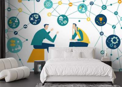 Business people talking and negotiating a deal. People surrounded by communication icons. Business developing and support,  brainstorming, Global business, logistics, concept illustration Wall mural