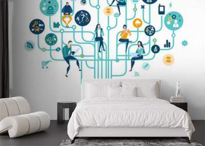 Business people trying get own place in business in the modern internet environment. Hightech electronic, microchips, icons and communication symbols at the background. Business concept illustration. Wall mural