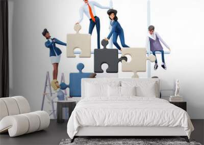 Business people working with big puzzle pieces. Business people sitting on chairs and talking. 3D rendering illustration Wall mural