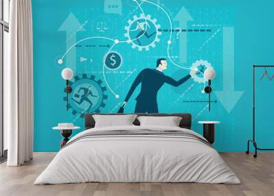 Businessman shifting icons of business priorities on the screen. Controlling, supporting and consulting idea  Wall mural