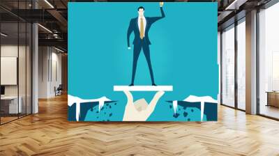 Businessmen staying on the safe bridge over the canyon with the trophy. Support, teamwork and professional coordination concept illustration. Risk in business Wall mural