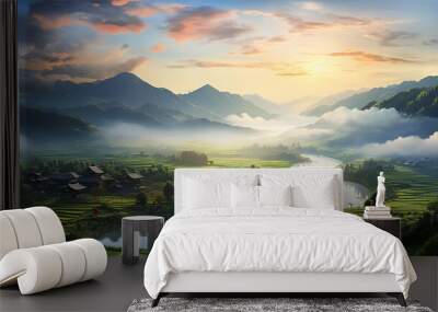 China, beautiful landscape at sunset with mountains, lake and traditional houses Wall mural