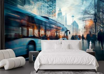 City bus motion blur with beautiful traffic lights and reflections. Commuting and city life concept  Wall mural