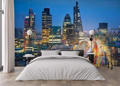 City of London at sunset and traffic blur lights on busy roads. Technology, transformation and innovation idea.  Wall mural