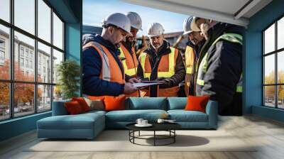 Construction manager talks to his team, discussing progress and plan at construction site Wall mural