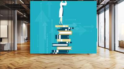 Doctor stands on the pile of books and looking to the future with telescope. Knowledge, data, intellectual progress. Business concept illustration  Wall mural