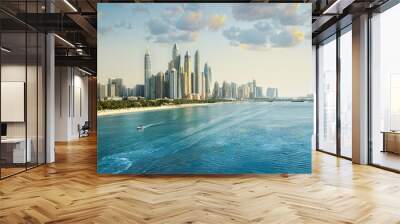 Dubai, UAE United Arabs Emirates. City of skyscrapers, Dubai marina in the sunny day with front line of beach hotels and blue water of Persian gulf  Wall mural