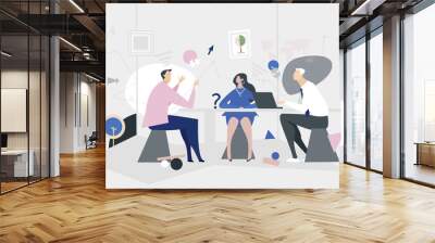 Friends, business partners, colleagues sitting in the flat, talking and developing business ideas and planning for future. Modern happy life concept. Freedom, creativity, working together.  Wall mural