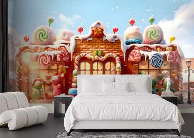 Gingerbread house, street with beautiful houses, decorated with sweets and candy, Christmas and New Year concept illustration made with AI Generative Wall mural