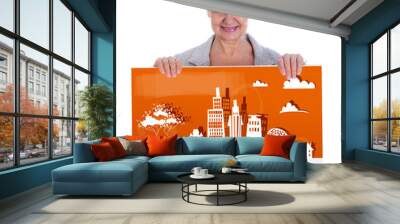 Good looking woman holding City background made of white paper stickers with space for your text Wall mural