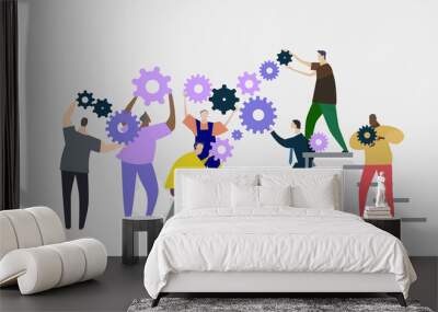 Group of people rolling the gears, representing working together concept. Build the business together.   Wall mural