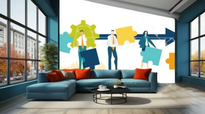 Group of young business people working together with puzzles as symbol of collaborating, solving problems, thinking about creative idea, brainstorming and teamwork concept. Flat style illustration. Wall mural