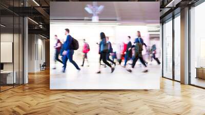 Illustration of walking people. Lots of people walking in the City of London. Wide panoramic view of people passing through abstract tunnel. People motion blur Wall mural