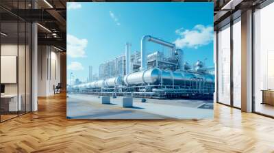 Industrial storage zone for oil, gas terminal tanks. Oil refinery plant pipe line at sunny day.  Wall mural