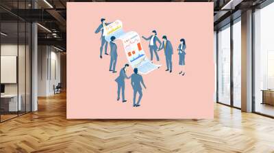 Isometric business environment infographic. Business people work around information paper. New start up, data analyse, negotiating, information concept illustration  Wall mural