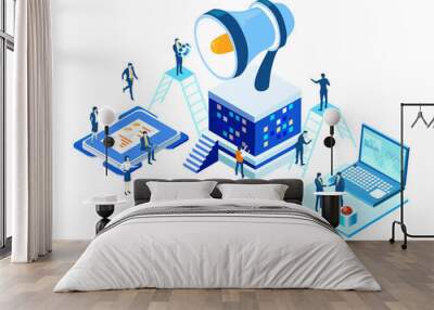 Isometric illustration. Infographic business people working around megaphone Wall mural