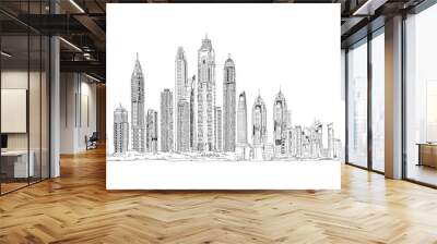 June 12, 2019: Illustration of the Dubai skyline: Skyscrapers of the Dubai Marina Dubai panoramic view with skyscrapers. Detailed sketch Wall mural