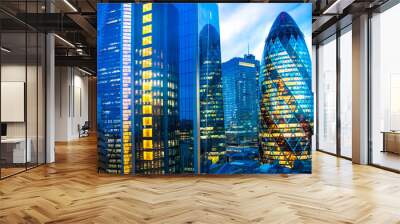 London, UK. City of London at night with lots office buildings lights.  View from roof garden at the west part of the City Wall mural