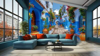 Long narrow street with beautiful blue and white houses decorated with flowers and  inspired by Morocco culture   Wall mural