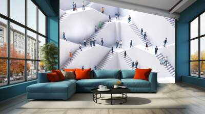 Lots of business and professional people queueing up on trails in an abstract environment with many stair, representing professional challenges, career, growth and Busi business life. 3d rendering   Wall mural